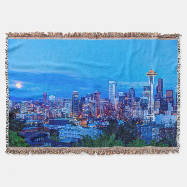 Super Moon rising near Seattle skyline Throw Blanket (Front)