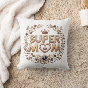Super Mum Elegant Floral Crown Gold Badge Cushion
