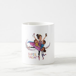 Super Mum: Hero Mother with Three Kids Illustratio Coffee Mug