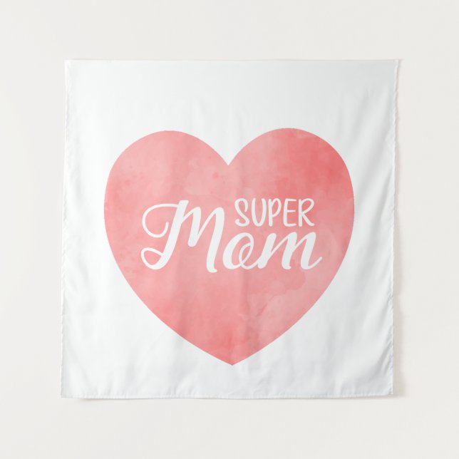 Super mum in pink watercolor heart, mother's day  tapestry (Front)