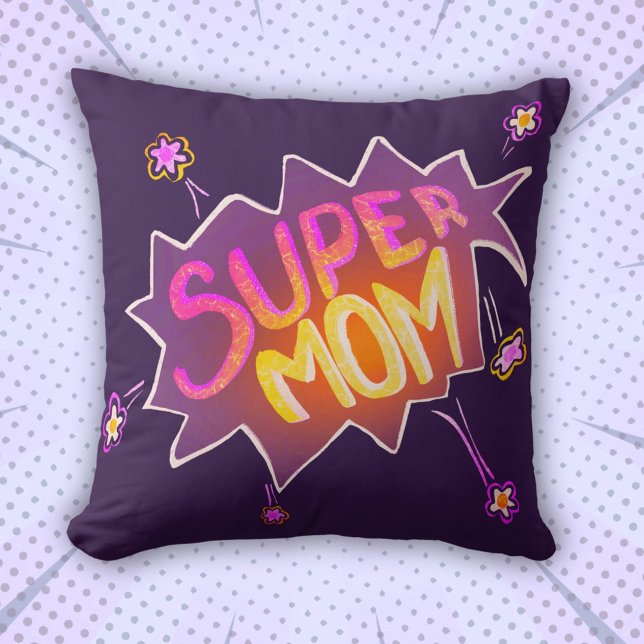 Super Mum Neon Flower Comic Bubble Mother`s Day  Cushion (Creator Uploaded)