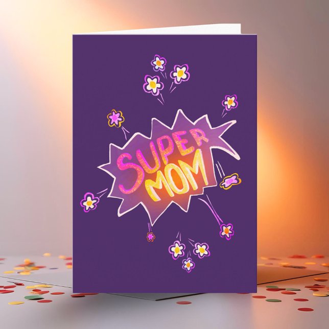 Super Mum Pink Neon Flower Comic Bubble  Card (Creator Uploaded)
