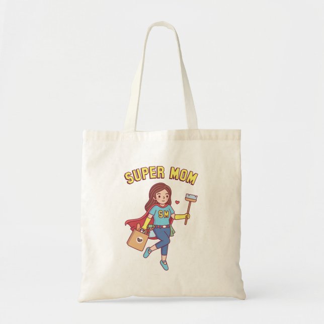 Super Mum With Cleaning Brush and Groceries Funny Tote Bag (Front)