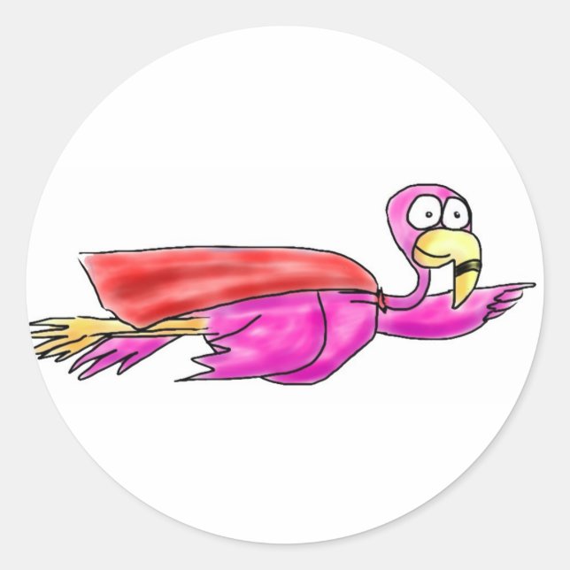 Super Pink Flamingo Fyling Cape Whimsical Art Classic Round Sticker (Front)