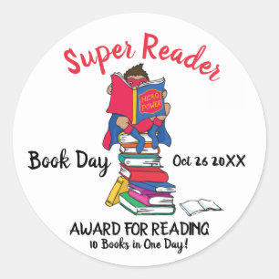 Super reader boy on books reading book day classic round sticker