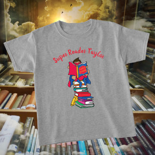 Super reader cartoon style boy on books T-Shirt