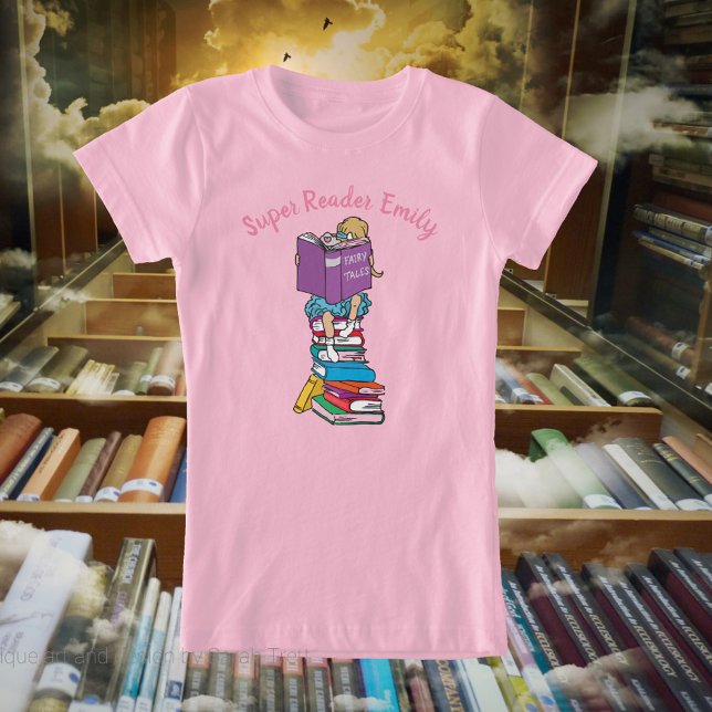 Super reader cartoon style girl on books T-Shirt (Creator Uploaded)