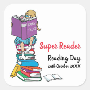 Super reader girl on books reading day square sticker