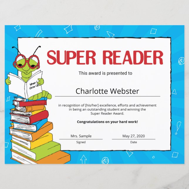 Super Reader Student Recognition Certificates (Front)