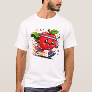 Super Red Apple Running Cartoon Fitness Mascot T-Shirt