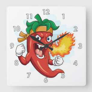 Super Red-Hot Cartoon Chilli Pepper Square Wall Clock