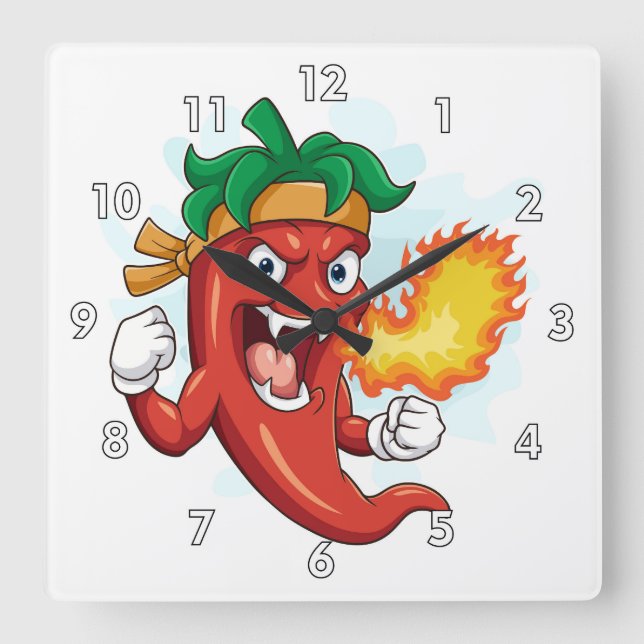 Super Red-Hot Cartoon Chilli Pepper Square Wall Clock (Front)