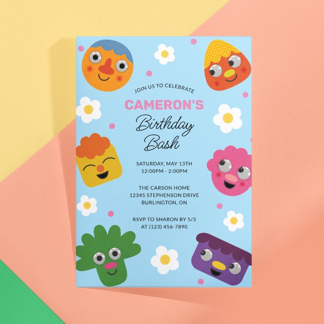 Super Simple | Noodle & Pals Blue Floral Birthday Invitation (Invitation on table)