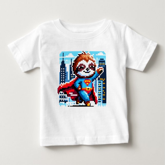 Super Sloth Funny Pixel Art Hero Cityscape Design Baby T-Shirt (Front)