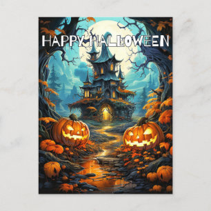 Super Spooky Haunted House & Pumpkins Postcard