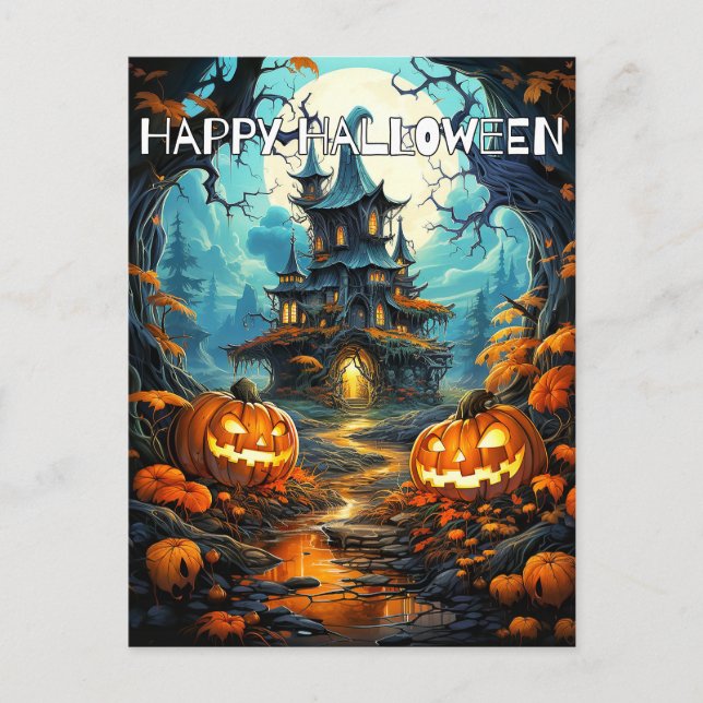 Super Spooky Haunted House & Pumpkins Postcard (Front)