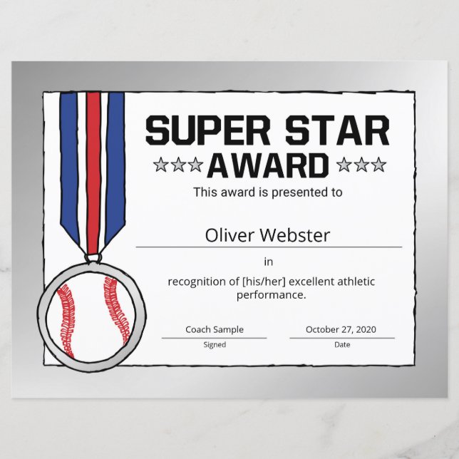 Super Star Baseball Certificate Award Sports Certi (Front)