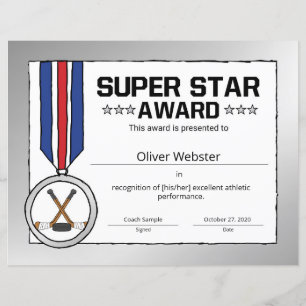 Super Star Hockey Player Award Hockey Certificate