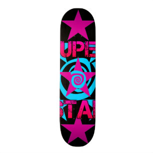 Super Star Hot Pink Teal Swirls Stars Pattern Skateboard