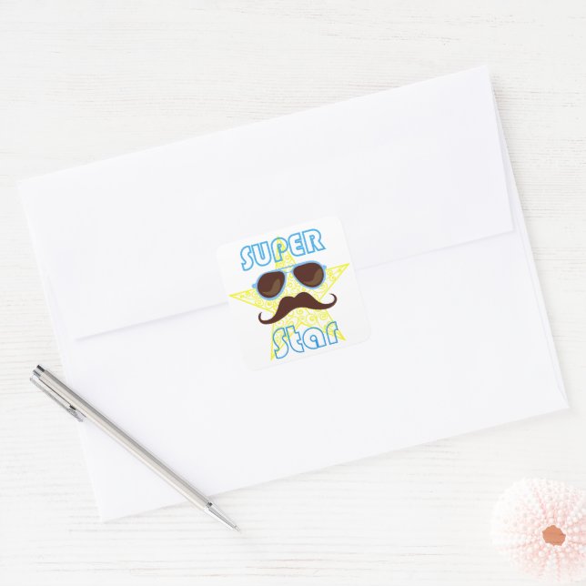 Super Star with sunglasses and mustache Square Sticker (Envelope)