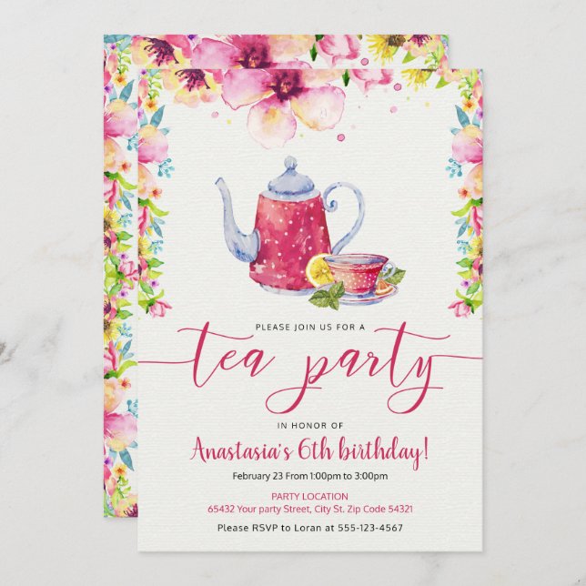 Super Sweet and Vibrant Tea Party Birthday Invitation (Front/Back)
