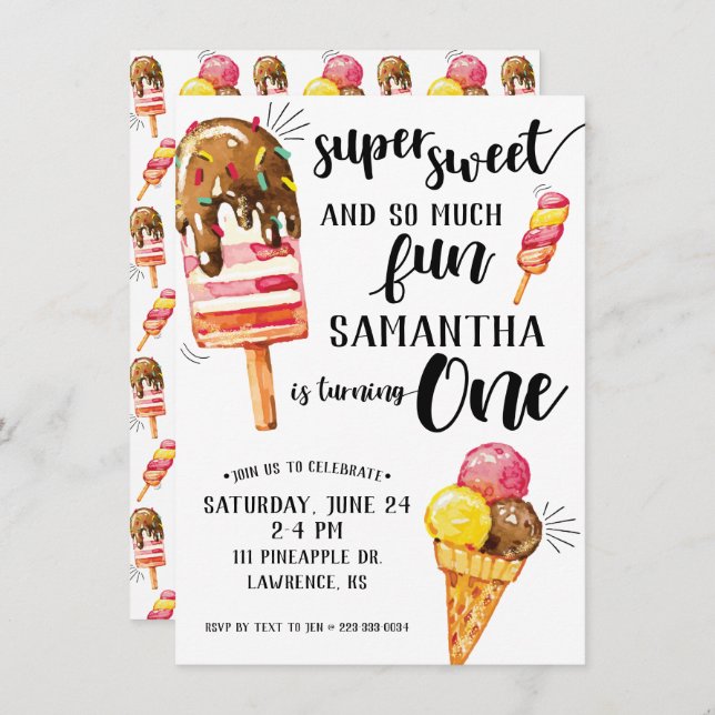 Super Sweet Ice Cream First Birthday Invitation (Front/Back)