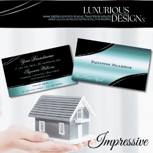 Superb Black Teal Curved Decor Lines Shimmering Business Card