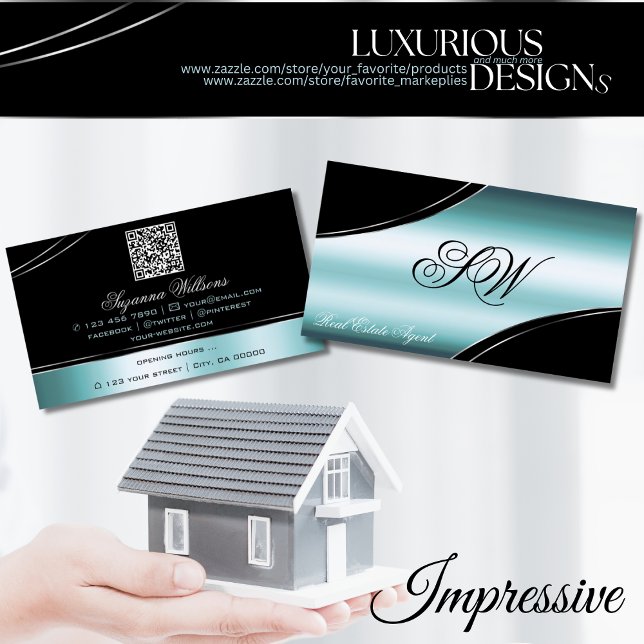 Superb Black Teal Curved Lines Monogram QR Code Business Card (Creator Uploaded)