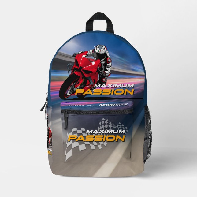 Superbike Racing Maximum Passion Biker Graphic Printed Backpack (Front)