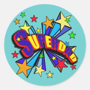 SuperDad! with Stars and Cartoon Design Classic Round Sticker