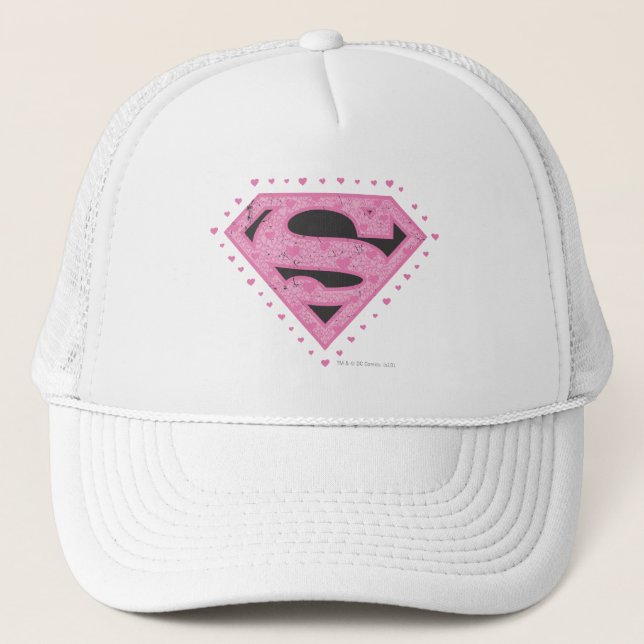 Supergirl Distressed Logo Black and Pink Trucker Hat (Front)