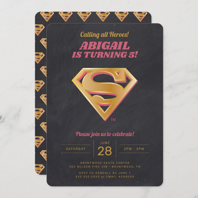 Supergirl Logo Pink and Gold Chalkboard Birthday Invitation (Front/Back)