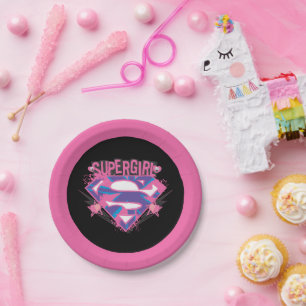Supergirl Pink and Purple Grunge Logo Paper Plate