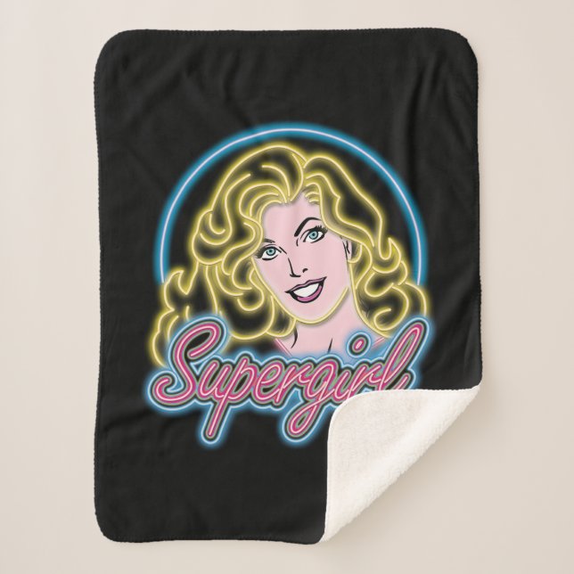 Supergirl Retro Neon Lights Graphic Sherpa Blanket (Front)