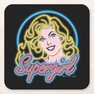 Supergirl Retro Neon Lights Graphic Square Paper Coaster