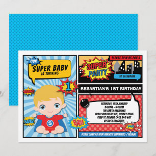 Superhero 1st Birthday Party Comics / Blonde Hair Invitation