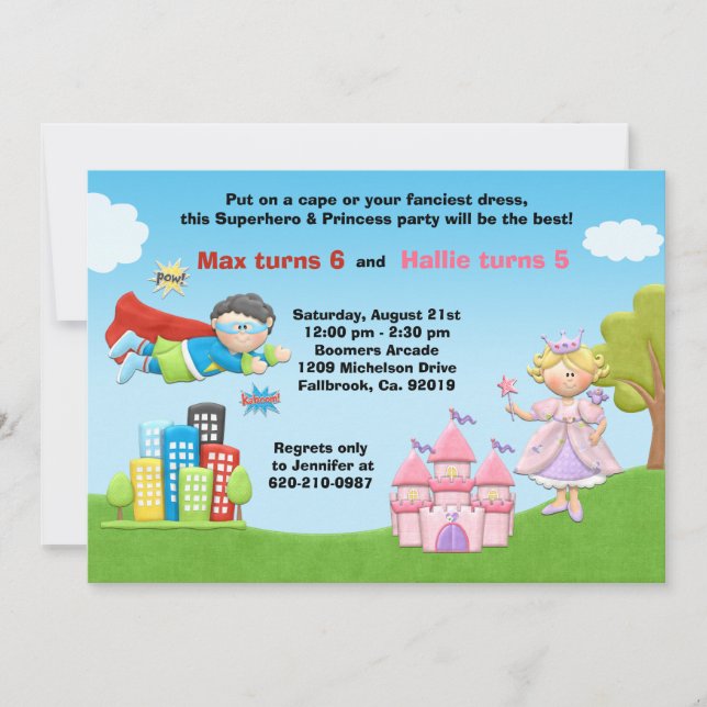 Superhero and Princess Birthday Party Invitation (Front)