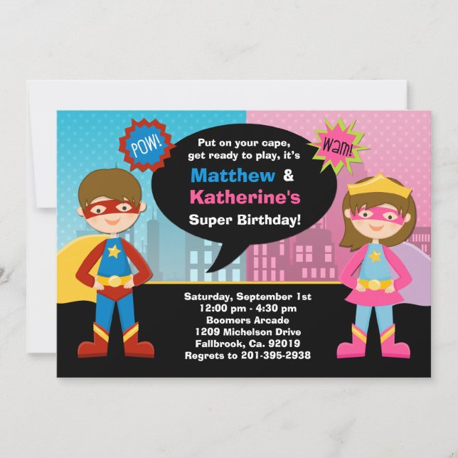 Superhero and Super Girl Birthday Party Invitation (Front)