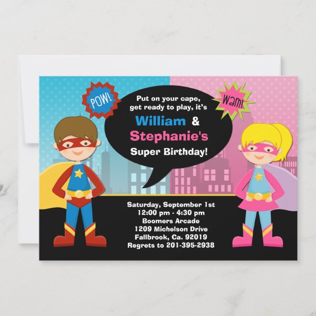 Superhero and Super Girl Birthday Party Invitation (Front)