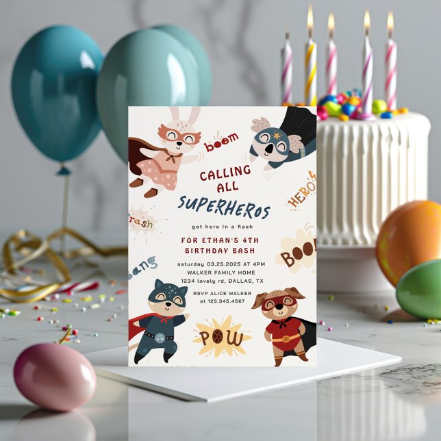 Superhero Animals Cute Kids Birthday Invitation (Creator Uploaded)