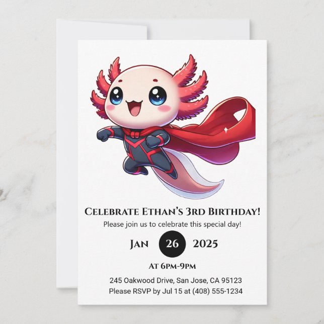 Superhero Axolotl Birthday Invitation (Front)