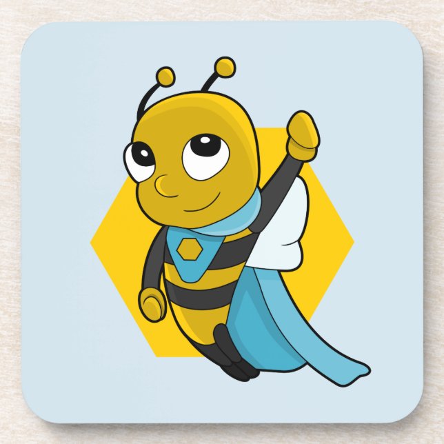 Superhero bee cartoon beverage coaster (Front)