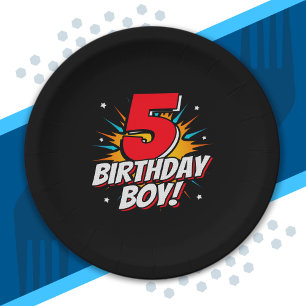 Superhero Birthday Boy - 5 Year Old - 5th Birthday Paper Plate