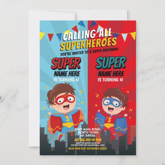Superhero Birthday Brothers Blue Red Joint Boy Invitation (Front)