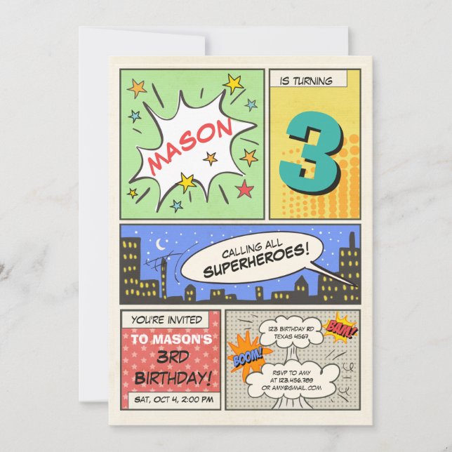superhero birthday invitation Cartoon Vintage Boy (Front)