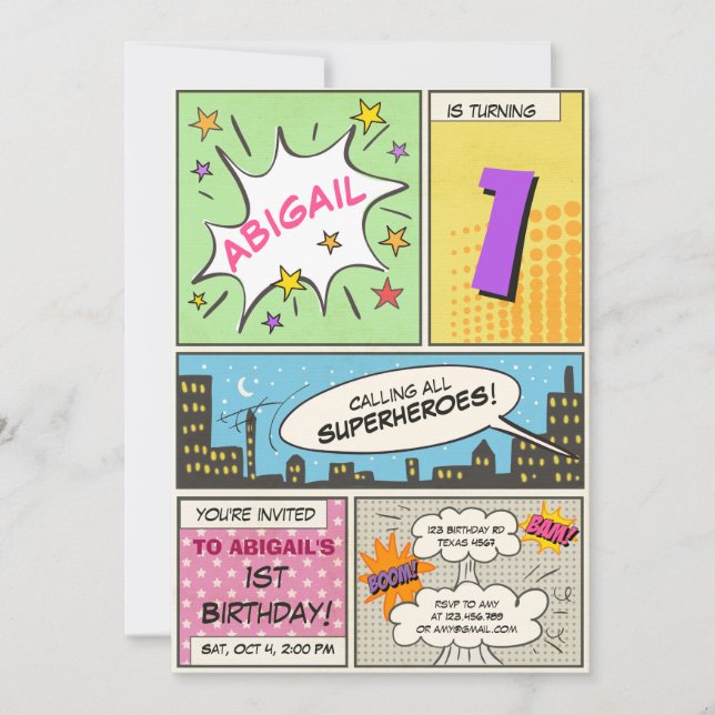 superhero birthday invitation Cartoon Vintage Girl (Front)