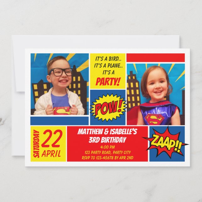 Superhero Birthday Invitation (Twins) (Front)