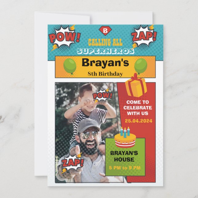 Superhero birthday invitation with photo (Front)