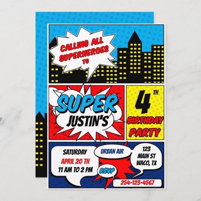 Superhero Birthday Party Invitation (Front/Back)