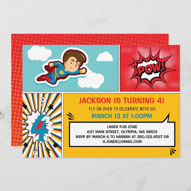 Superhero Birthday Party Invitation - Boy Colours (Front/Back)